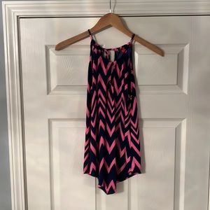 Barbie Colored Pink and Navy Blue Handkerchief Cut Halter Tie Sleeveless Top
